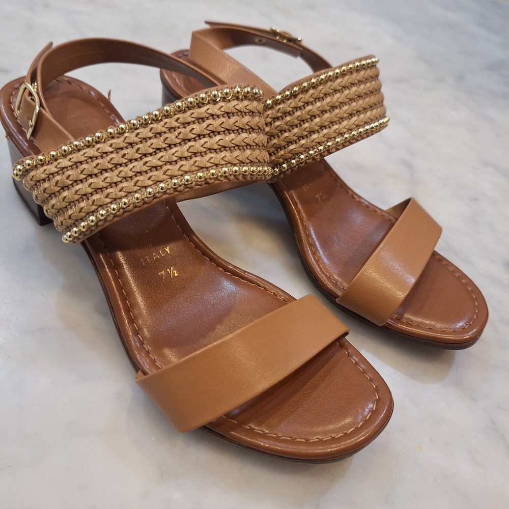 Bonner Block Heel Sandals Womens 7.5 Tan Woven‎ Gold Bead Italy Slingback Dressy